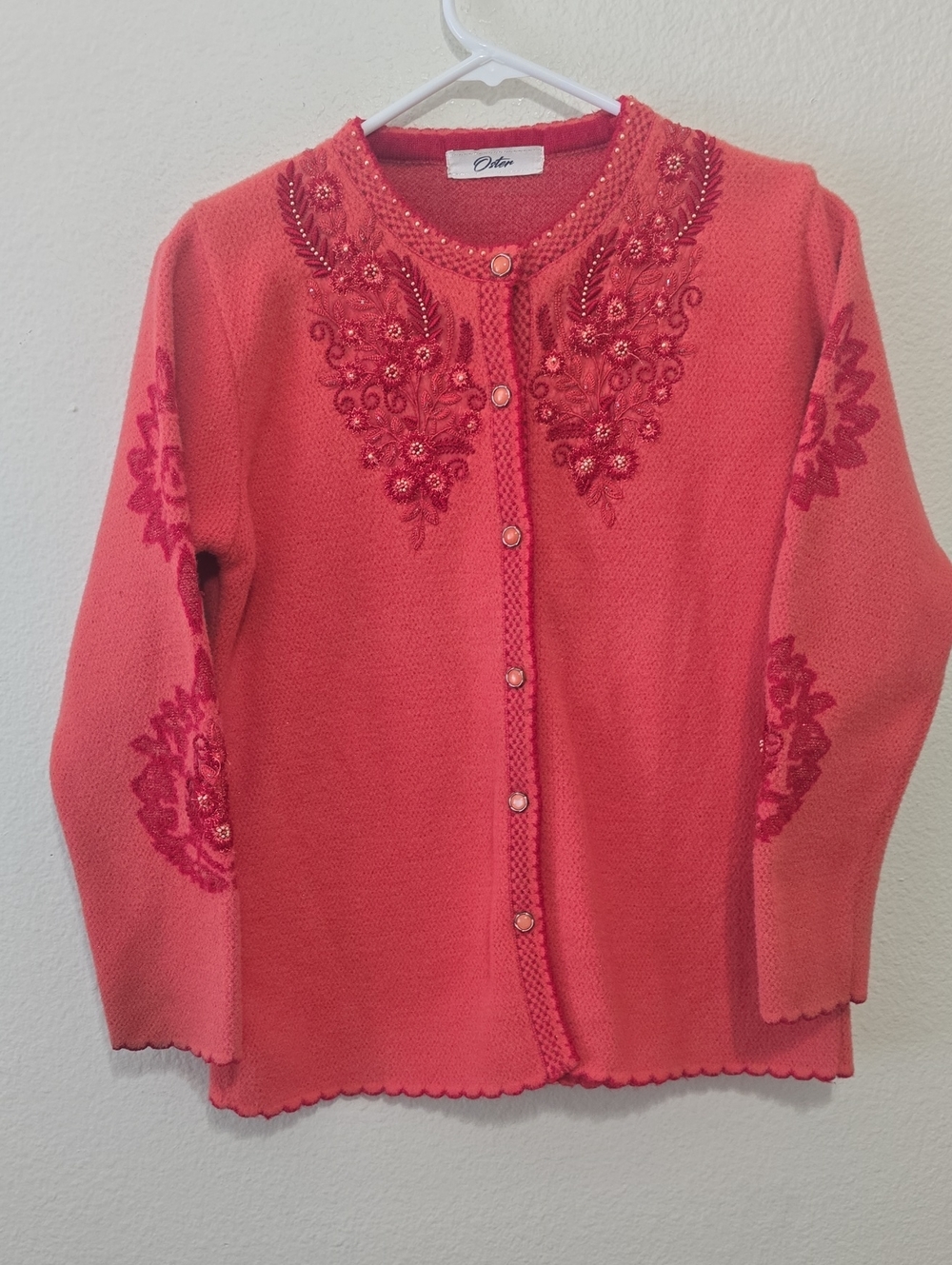 Oster Coral Embroidered Beaded Women's Cardigan S